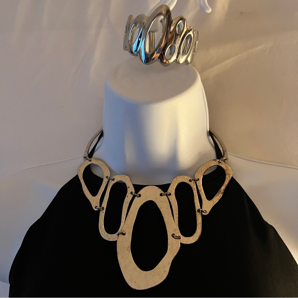 Vintage 2-Pc Modernist Abstract Statement Necklace & Sculptural Cuff Set